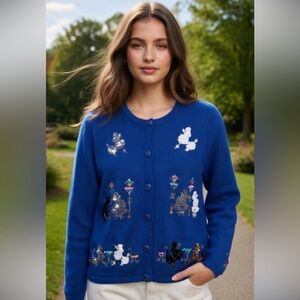 Berek by Takako Sakon royal blue cardigan VTG embroidered poodles dogs